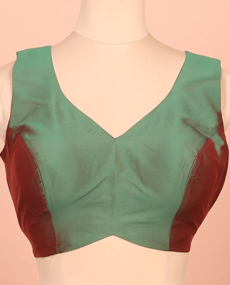 Green Dual-Toned Plain Readymade Blouse Featuring a Front V-Neck, Back Deep V-Neck, and Sleeveless - Image 3