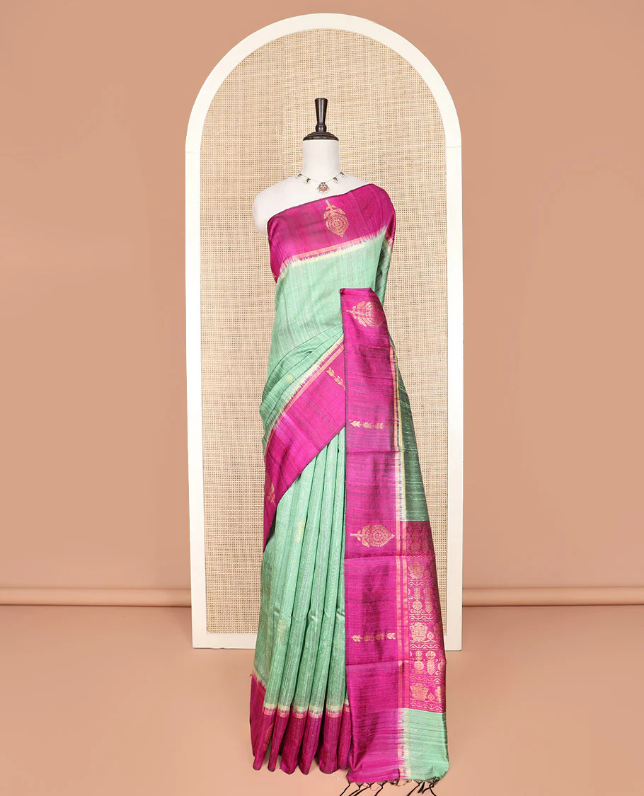 Green Dupion Silk Saree, Charmingly Accented with Buttas on Its Body, Complemented by a Contrast Border of Floral-Style Motifs, Intricately Designed Pallu, and Paired with a Contrast Blouse - Image 3
