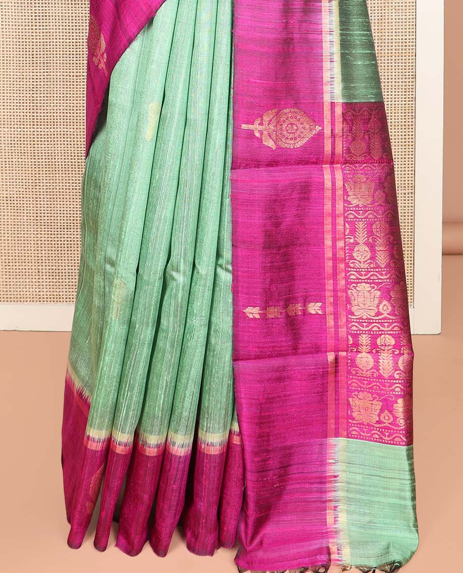 Green Dupion Silk Saree, Charmingly Accented with Buttas on Its Body, Complemented by a Contrast Border of Floral-Style Motifs, Intricately Designed Pallu, and Paired with a Contrast Blouse - Image 4