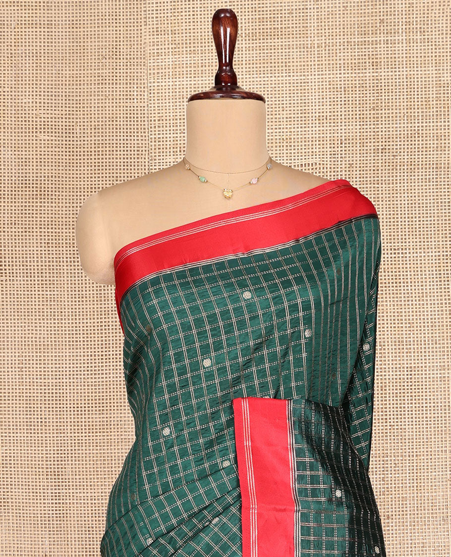 Green Dupion Silk Saree, Decorated with Zari Butta Enclosed Checks, Complemented by a Contrast Border, Zari Striped Pallu, and a Contrast Blouse - Image 2