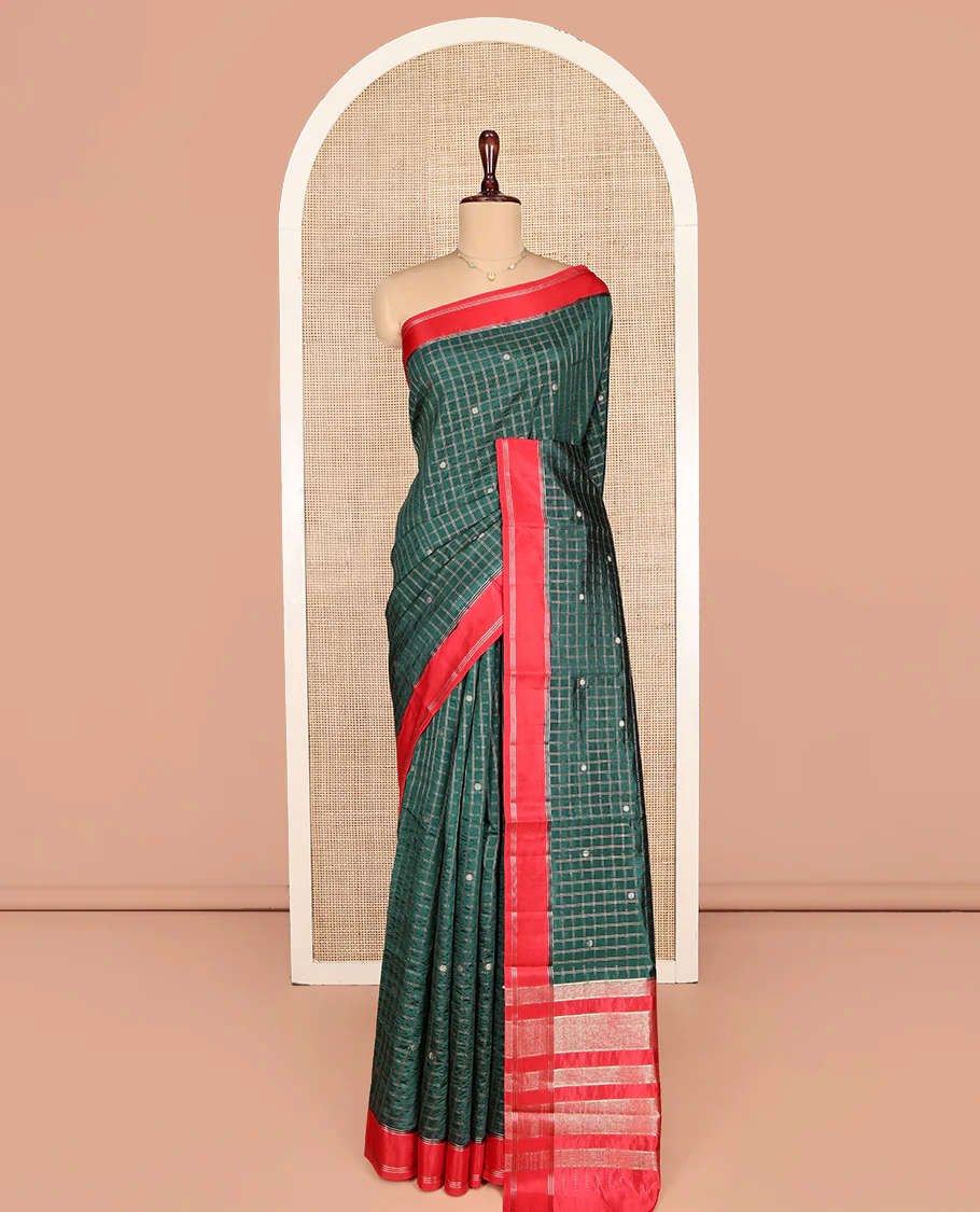 Green Dupion Silk Saree, Decorated with Zari Butta Enclosed Checks, Complemented by a Contrast Border, Zari Striped Pallu, and a Contrast Blouse - Image 3