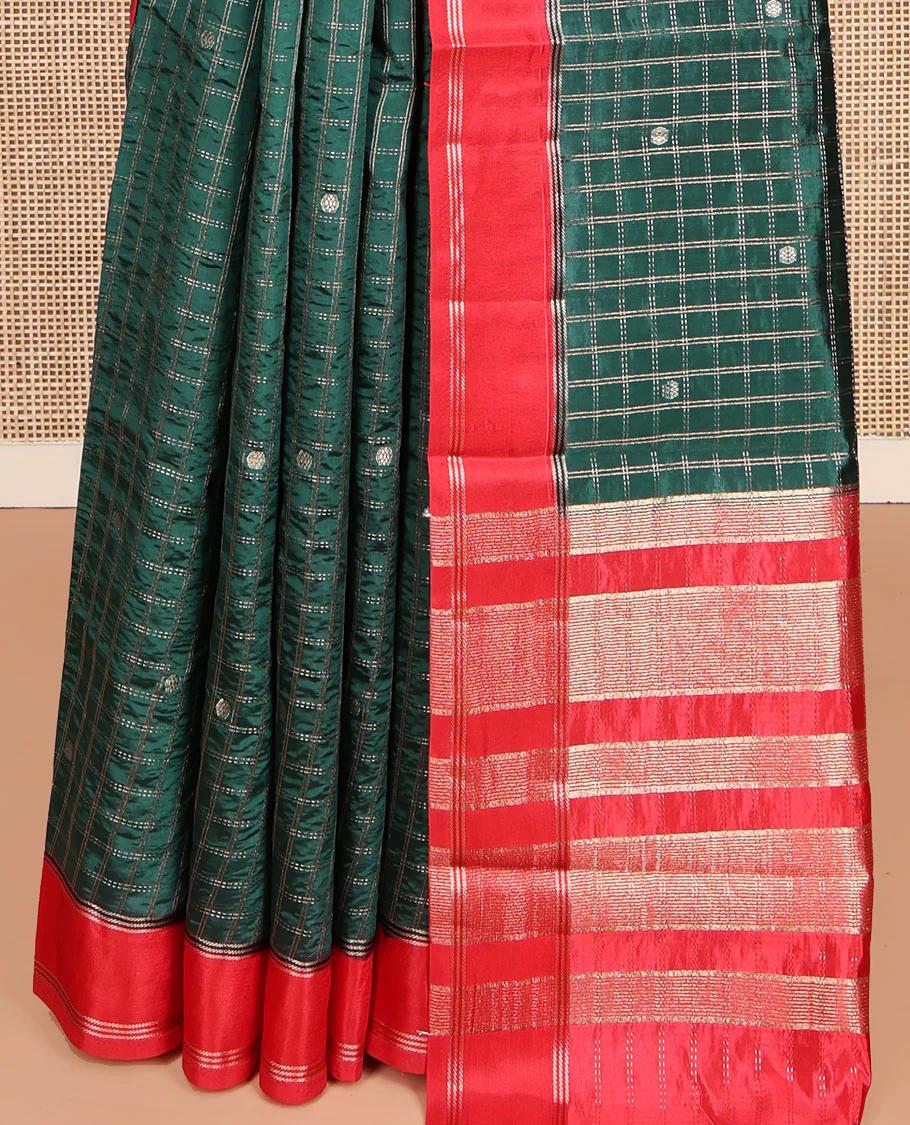 Green Dupion Silk Saree, Decorated with Zari Butta Enclosed Checks, Complemented by a Contrast Border, Zari Striped Pallu, and a Contrast Blouse - Image 4