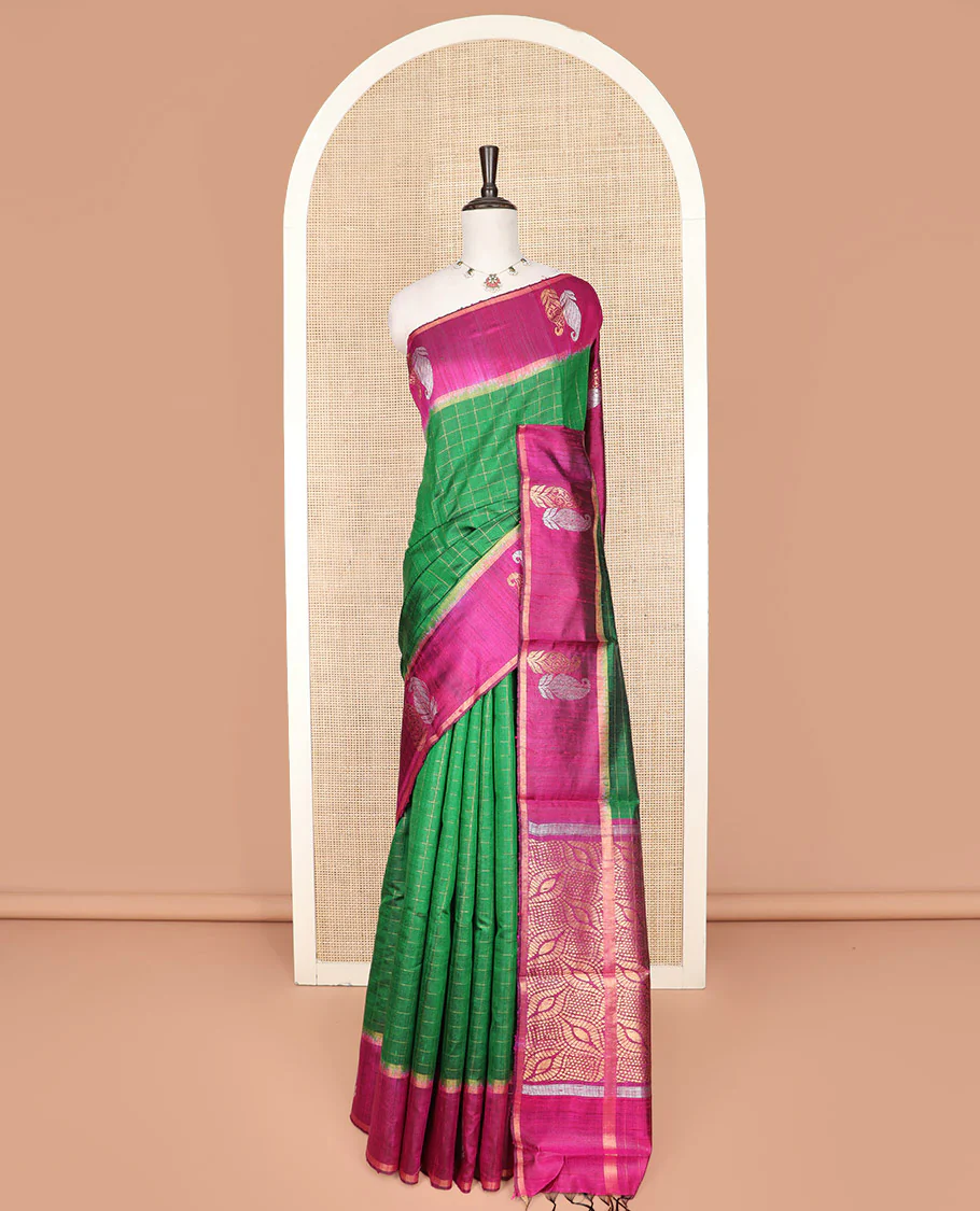 Green Dupion Silk Saree Elevated with Checks on Its Body, Complemented by a Contrast Border of Paisleys, Gleaming Pallu of Ogee Patterns, and Paired with a Contrast Blouse - Image 3