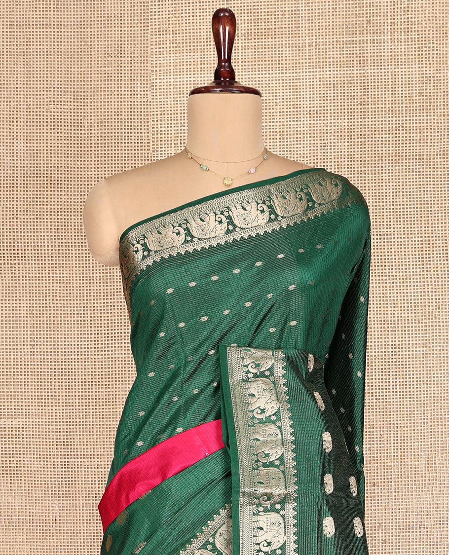 Green Dupion Silk Saree Features Half-And-Half and Zari Buttas, and Checks, Complemented by a Contrast Traditional Zari Border, Zari Striped Pallu, and a Contrast Blouse - Image 2