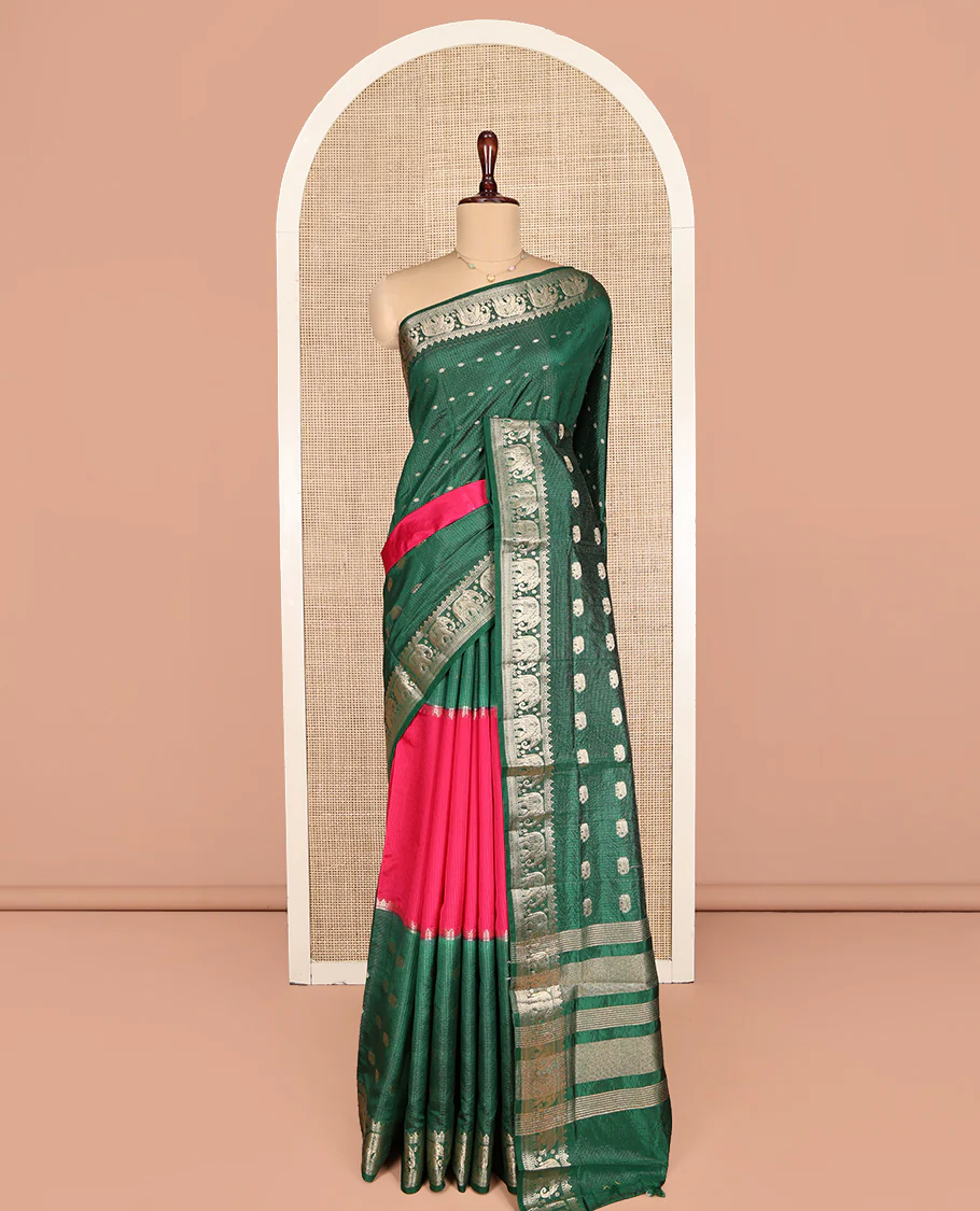 Green Dupion Silk Saree Features Half-And-Half and Zari Buttas, and Checks, Complemented by a Contrast Traditional Zari Border, Zari Striped Pallu, and a Contrast Blouse - Image 3