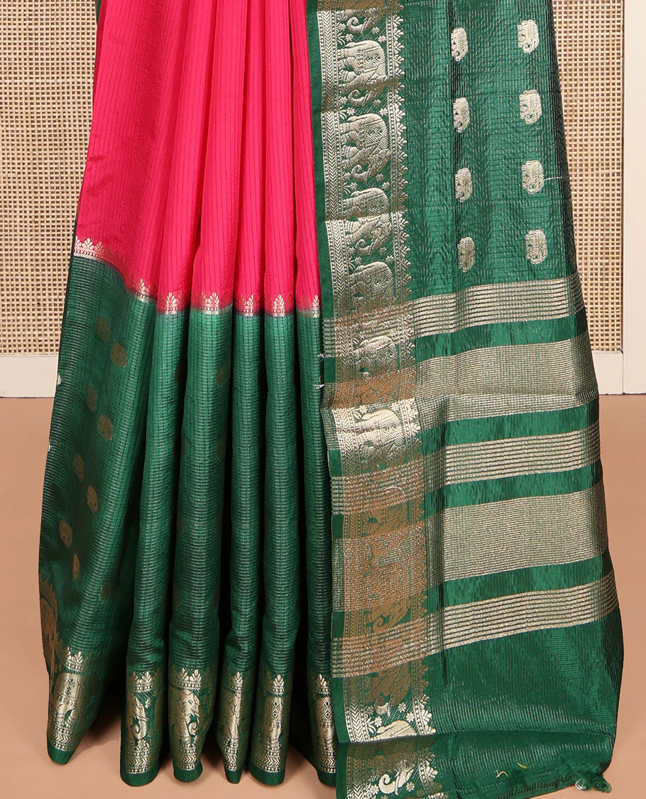 Green Dupion Silk Saree Features Half-And-Half and Zari Buttas, and Checks, Complemented by a Contrast Traditional Zari Border, Zari Striped Pallu, and a Contrast Blouse - Image 4