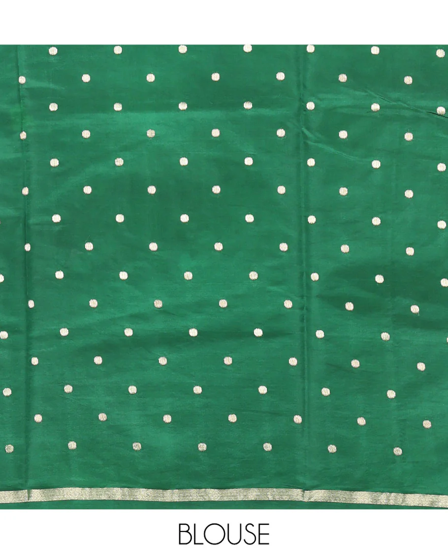 Green Dupion Silk Saree Features Half-And-Half and Zari Buttas, and Checks, Complemented by a Contrast Traditional Zari Border, Zari Striped Pallu, and a Contrast Blouse - Image 5