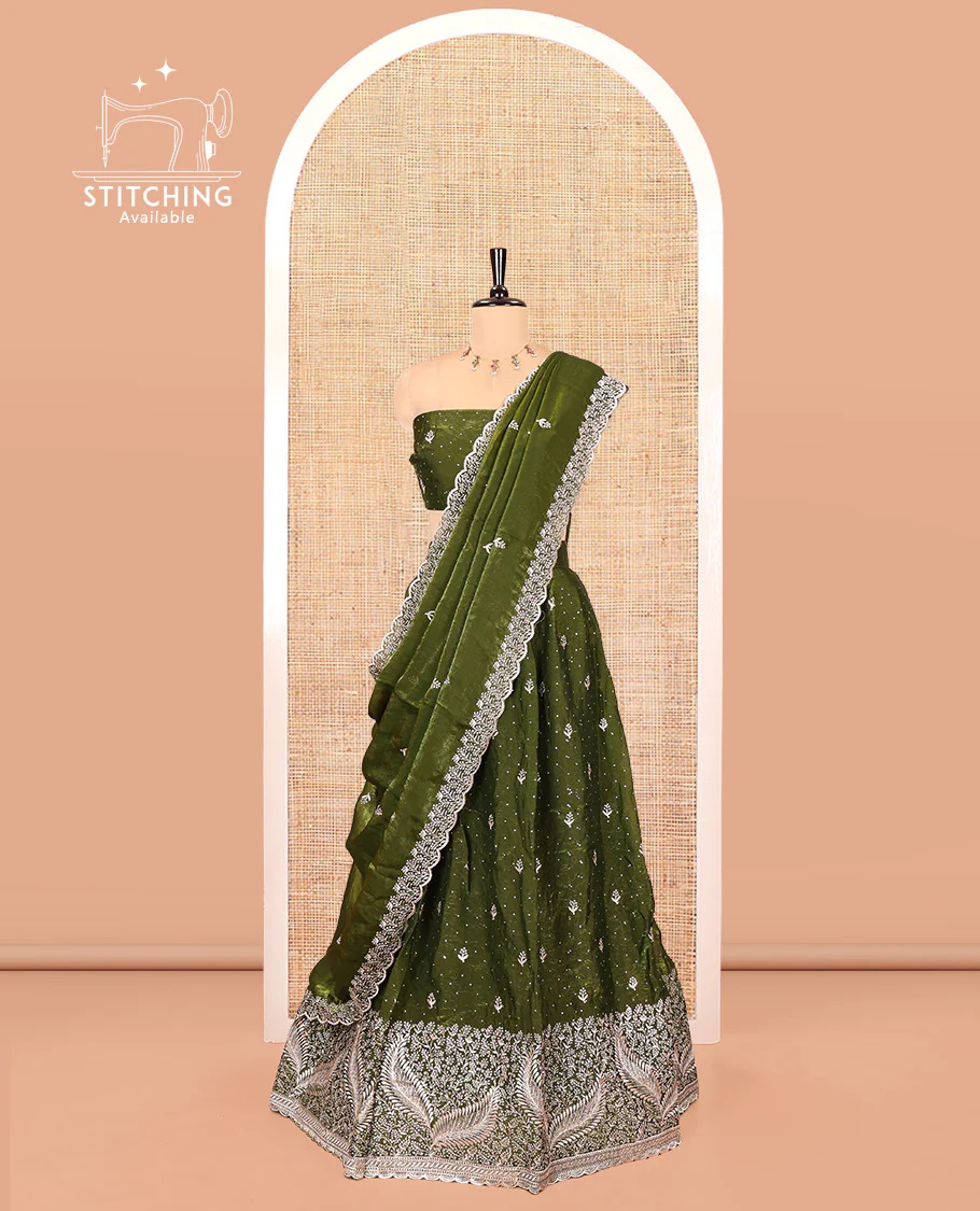 Green Fendi Organza Half-Saree, with Embroidered Buttas on Its Skirt, Embroidered Border with a Matching Blouse, and an Embroidered Organza Scallop Dhavani