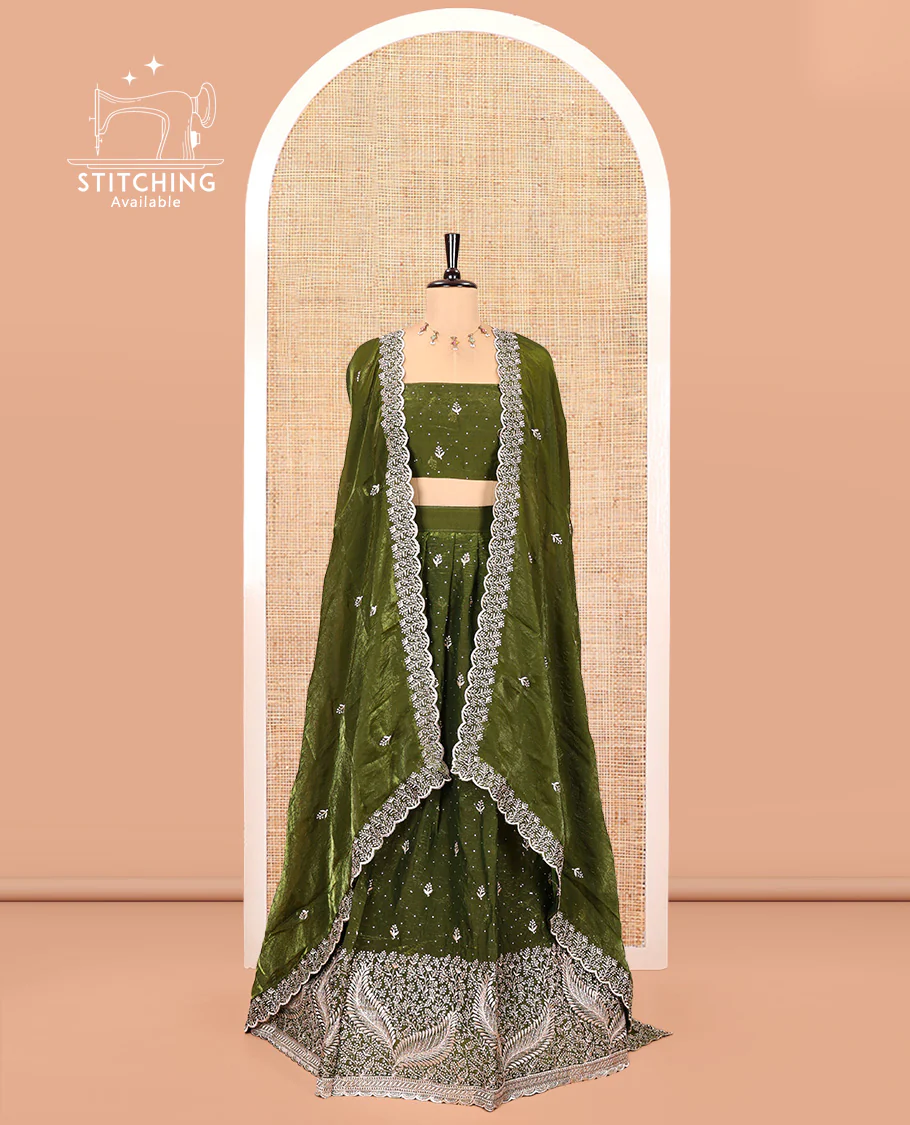 Green Fendi Organza Half-Saree, with Embroidered Buttas on Its Skirt, Embroidered Border with a Matching Blouse, and an Embroidered Organza Scallop Dhavani - Image 2
