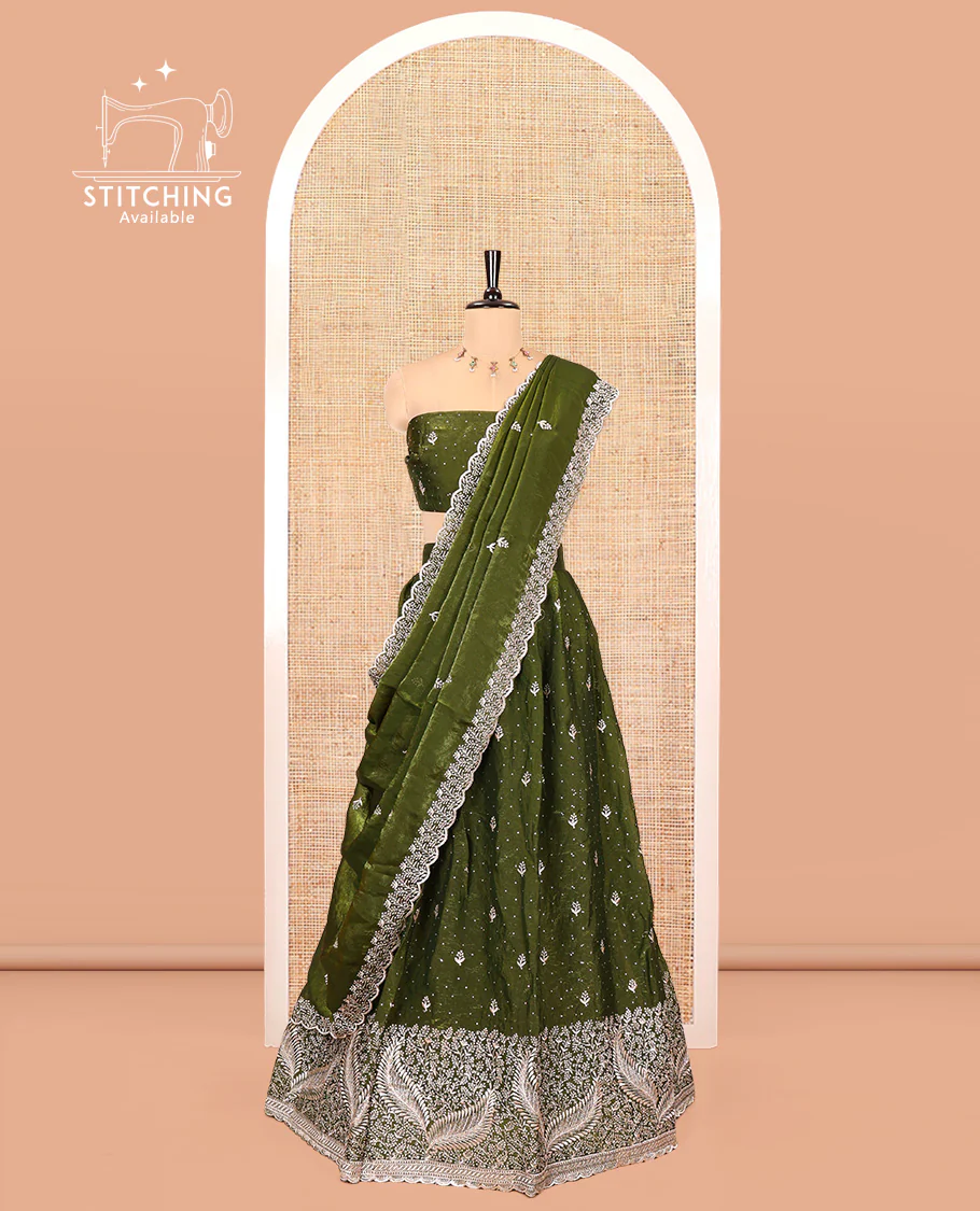 Green Fendi Organza Half-Saree, with Embroidered Buttas on Its Skirt, Embroidered Border with a Matching Blouse, and an Embroidered Organza Scallop Dhavani - Image 3