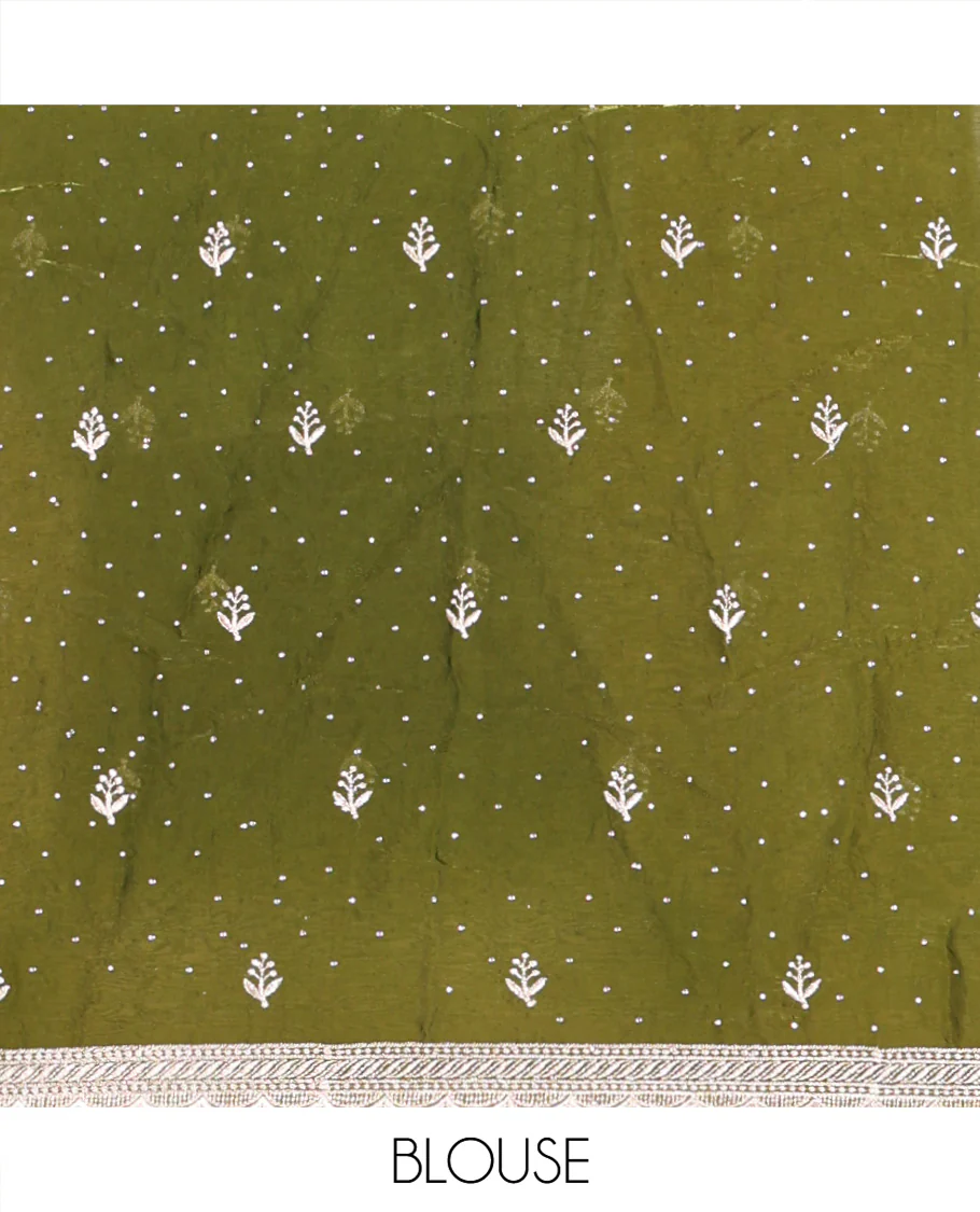 Green Fendi Organza Half-Saree, with Embroidered Buttas on Its Skirt, Embroidered Border with a Matching Blouse, and an Embroidered Organza Scallop Dhavani - Image 4