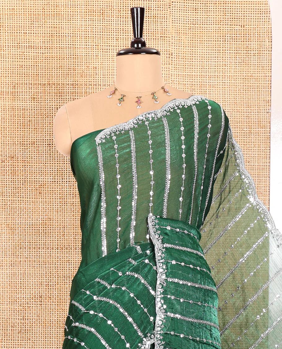 Green Fendy Chiffon Saree Highlighted with Sequins and Thread Stripes Embroidery, Scallop Embroidered Border, Elegantly Embroidered Pallu, and Paired with a Matching Blouse - Image 2