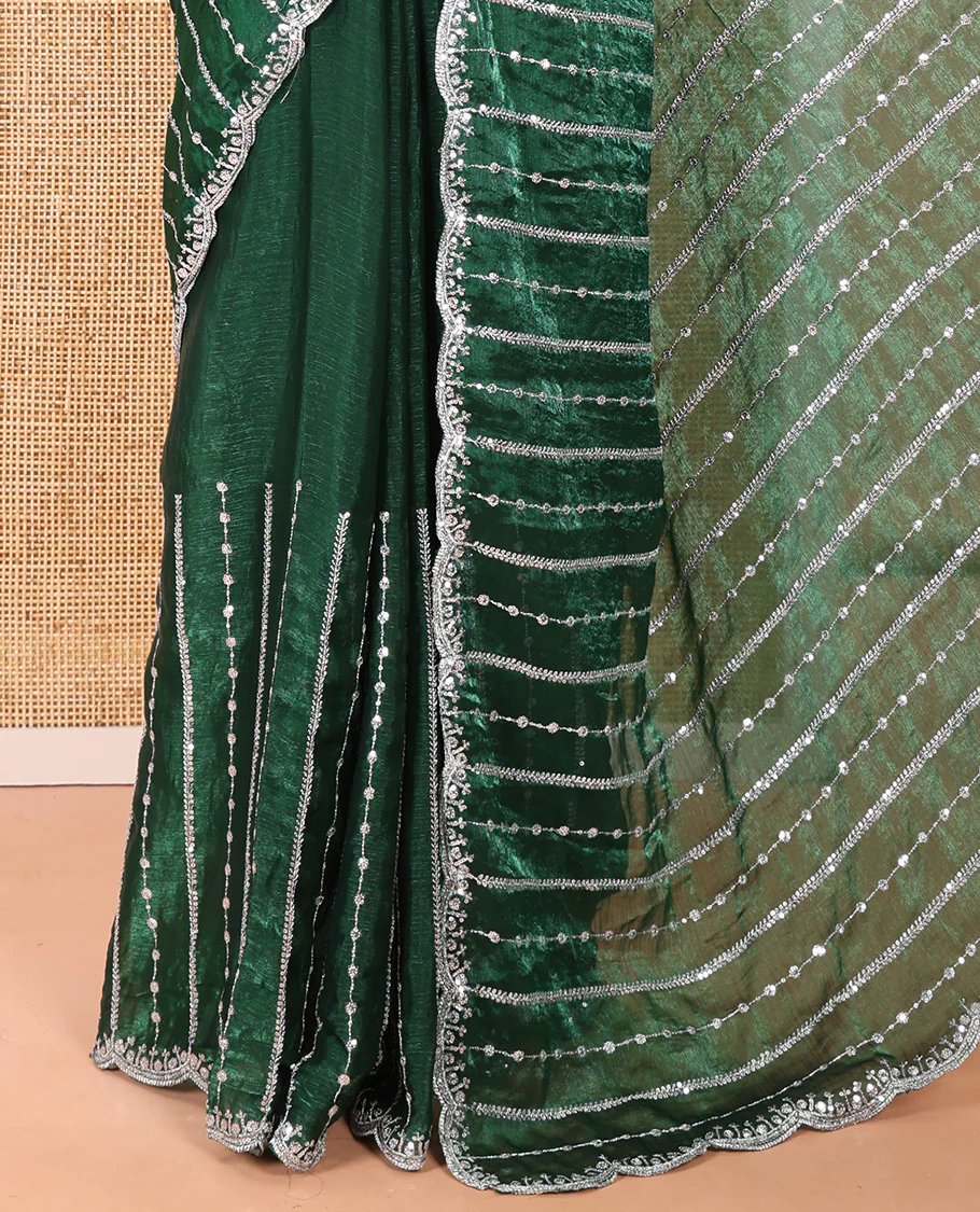 Green Fendy Chiffon Saree Highlighted with Sequins and Thread Stripes Embroidery, Scallop Embroidered Border, Elegantly Embroidered Pallu, and Paired with a Matching Blouse - Image 3