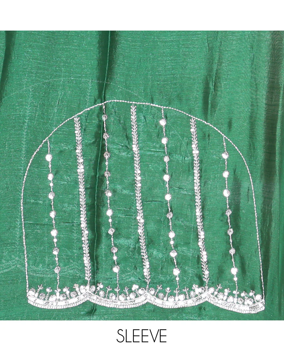 Green Fendy Chiffon Saree Highlighted with Sequins and Thread Stripes Embroidery, Scallop Embroidered Border, Elegantly Embroidered Pallu, and Paired with a Matching Blouse - Image 4