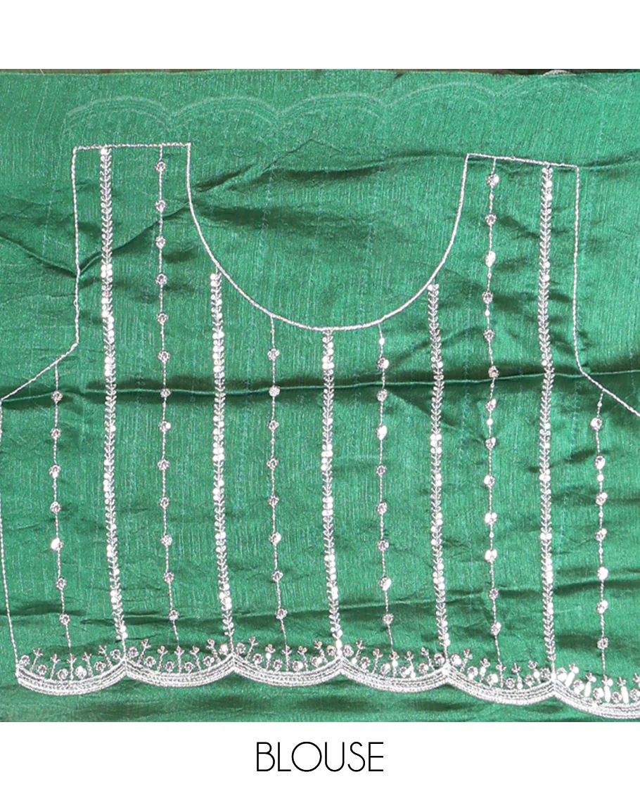Green Fendy Chiffon Saree Highlighted with Sequins and Thread Stripes Embroidery, Scallop Embroidered Border, Elegantly Embroidered Pallu, and Paired with a Matching Blouse - Image 5