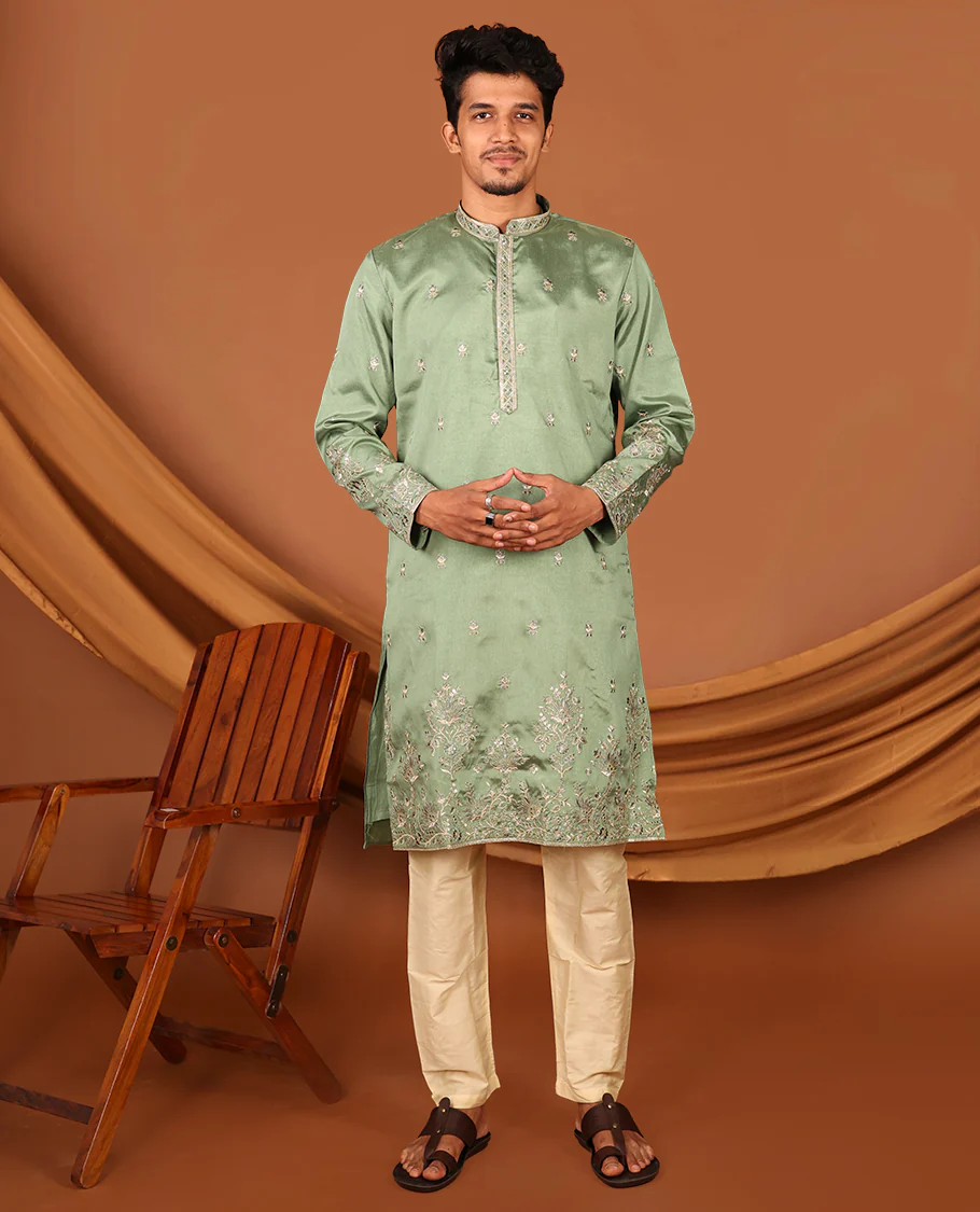 Green Floral Motifs Embroidered Full-Sleeved Men's Kurta - Image 4
