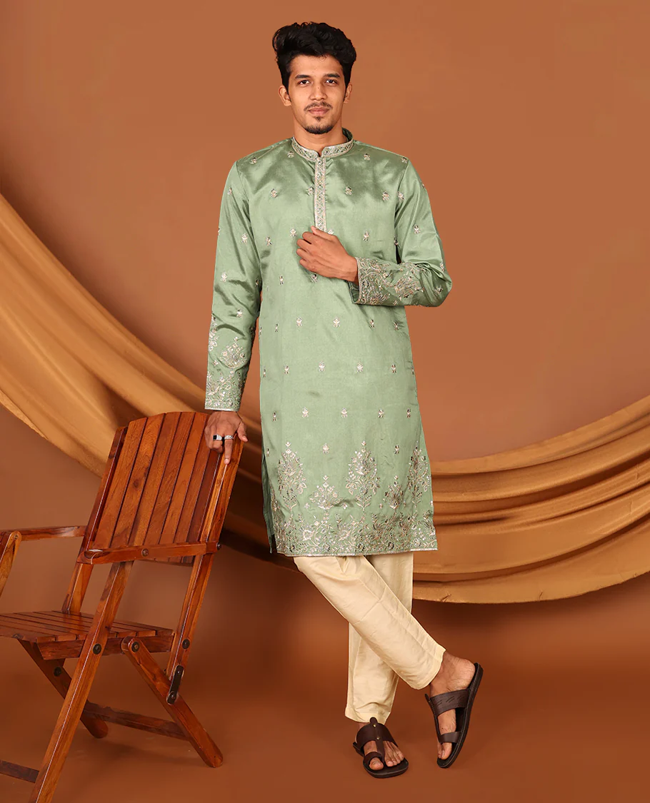 Green Floral Motifs Embroidered Full-Sleeved Men's Kurta - Image 5