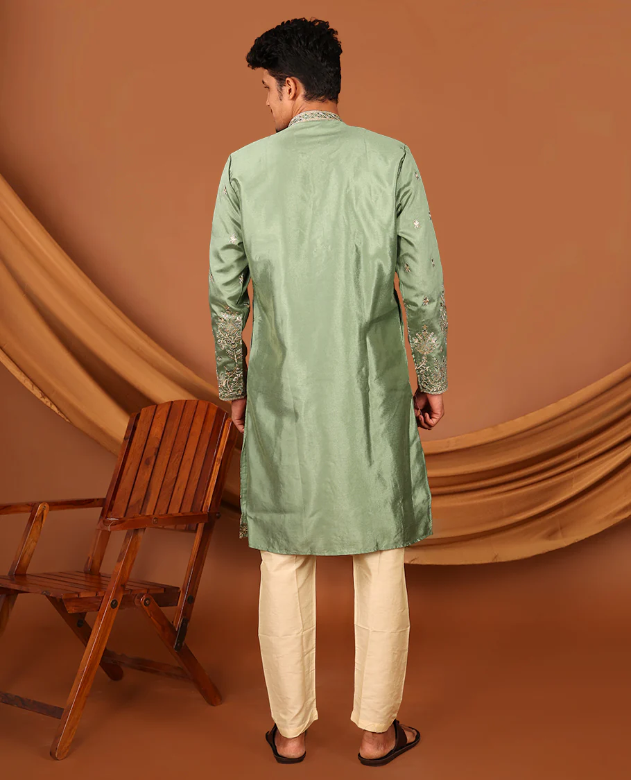 Green Floral Motifs Embroidered Full-Sleeved Men's Kurta - Image 6