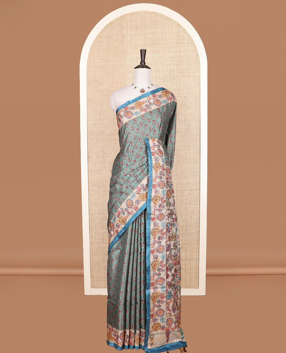 Green floral motifs printed tussar silk saree, contrast border and pallu of floral creeper print and embroidery - Image 2