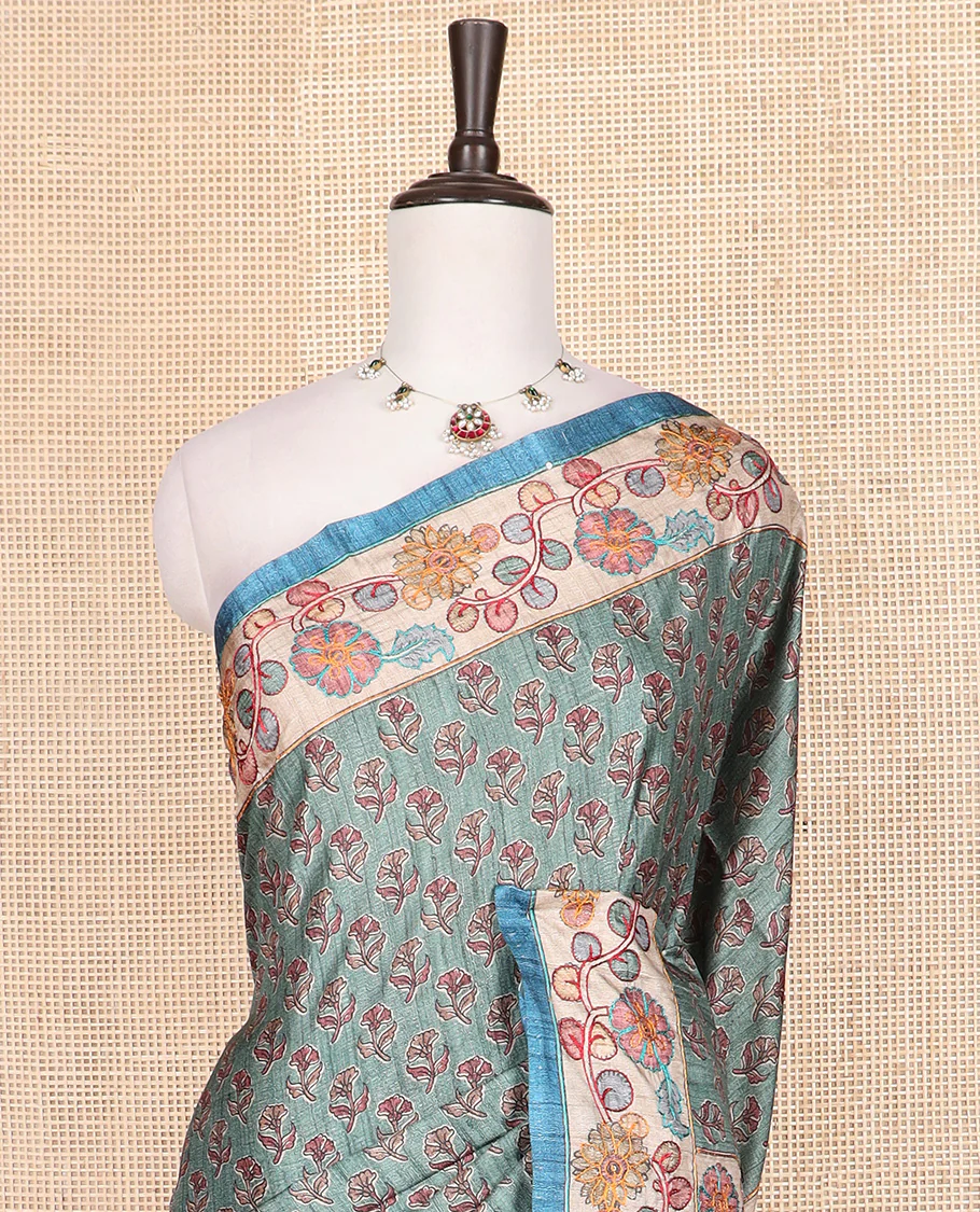 Green floral motifs printed tussar silk saree, contrast border and pallu of floral creeper print and embroidery - Image 3