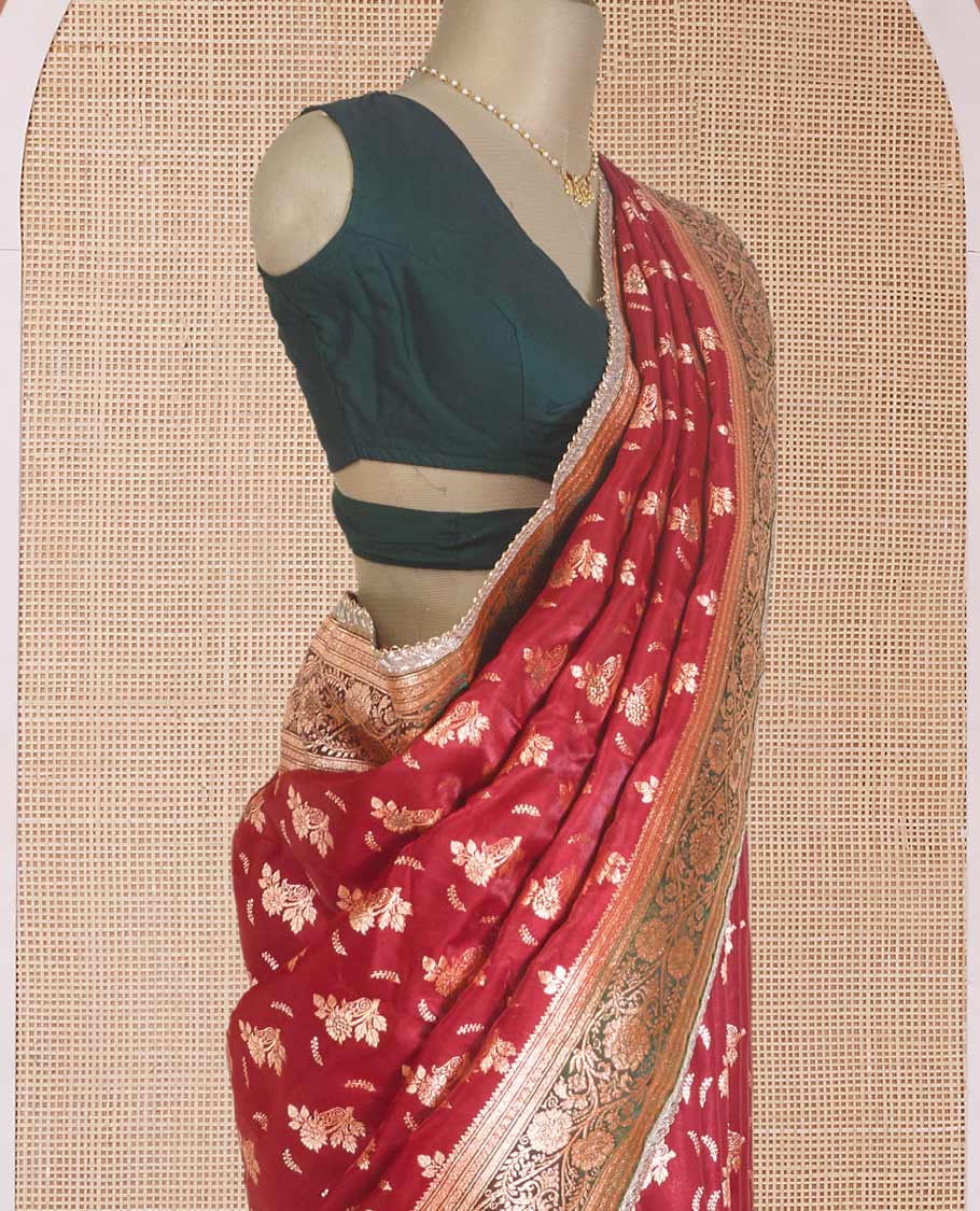 Red floral buttas with stone work Banaras Nylon silk saree, contrast floral creeper zari border, and Mughal-style intricately zari woven pallu - Image 3