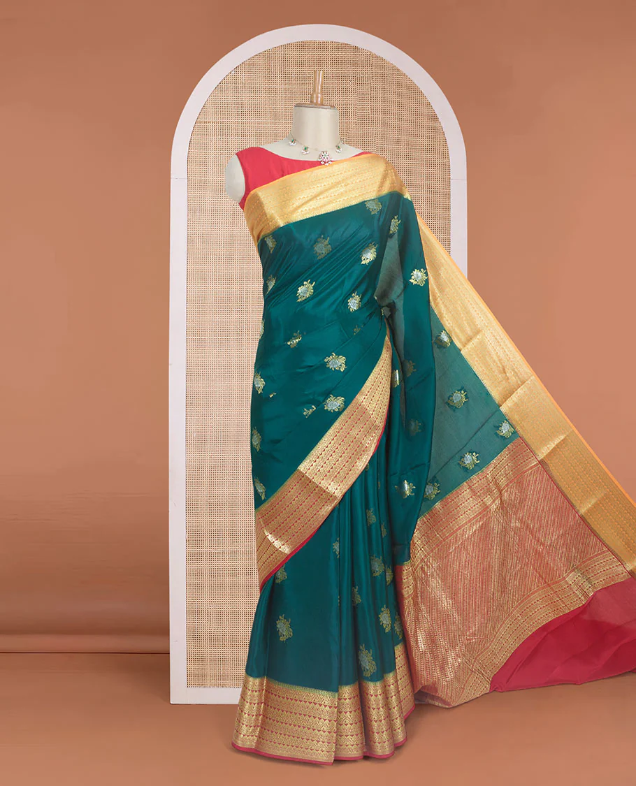 Green floral zari buttas Mysore silk saree, contrast traditional design zari border, and diagonal striped pallu - Image 2