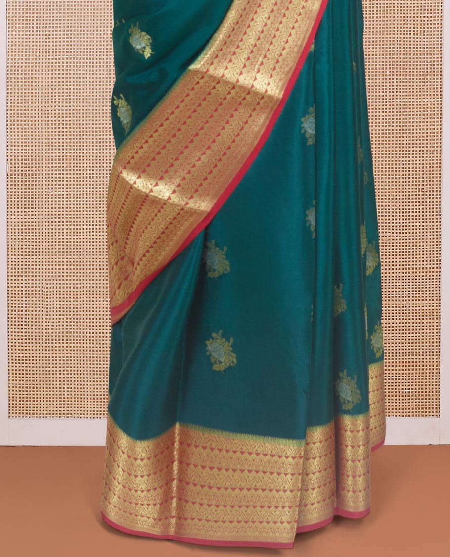 Green floral zari buttas Mysore silk saree, contrast traditional design zari border, and diagonal striped pallu - Image 4