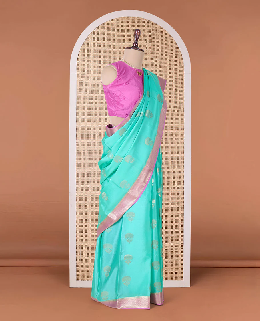 Green floral zari buttas Mysore silk saree, contrast traditional zari border, and scallop design pallu