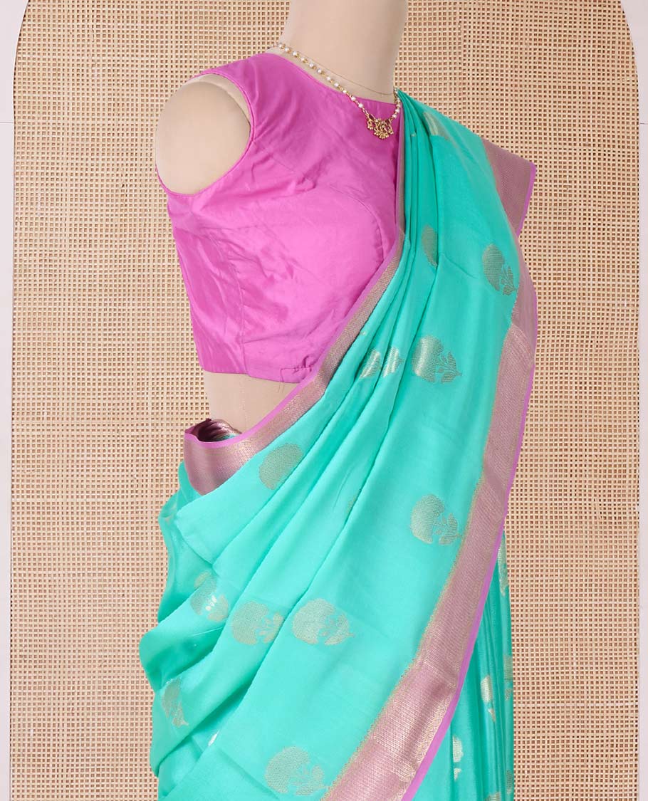 Green floral zari buttas Mysore silk saree, contrast traditional zari border, and scallop design pallu - Image 3