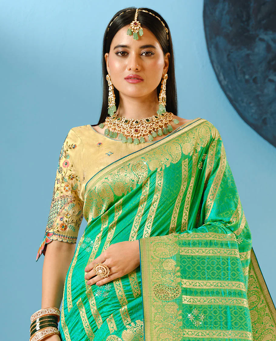 Green Floral Zari Design and Micro-Stone Work Embellished Designer Saree with a Zari-Stonework Border, Paisley Design Embroidered Pallu, along with a Contrast Embroidered Blouse - Image 2