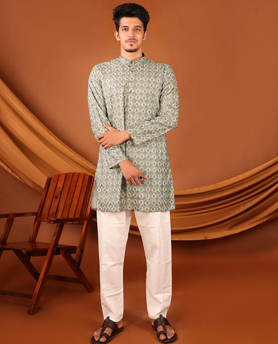 Green Geometric-style Jaal Design Full-Sleeved Men's Kurta - Image 4