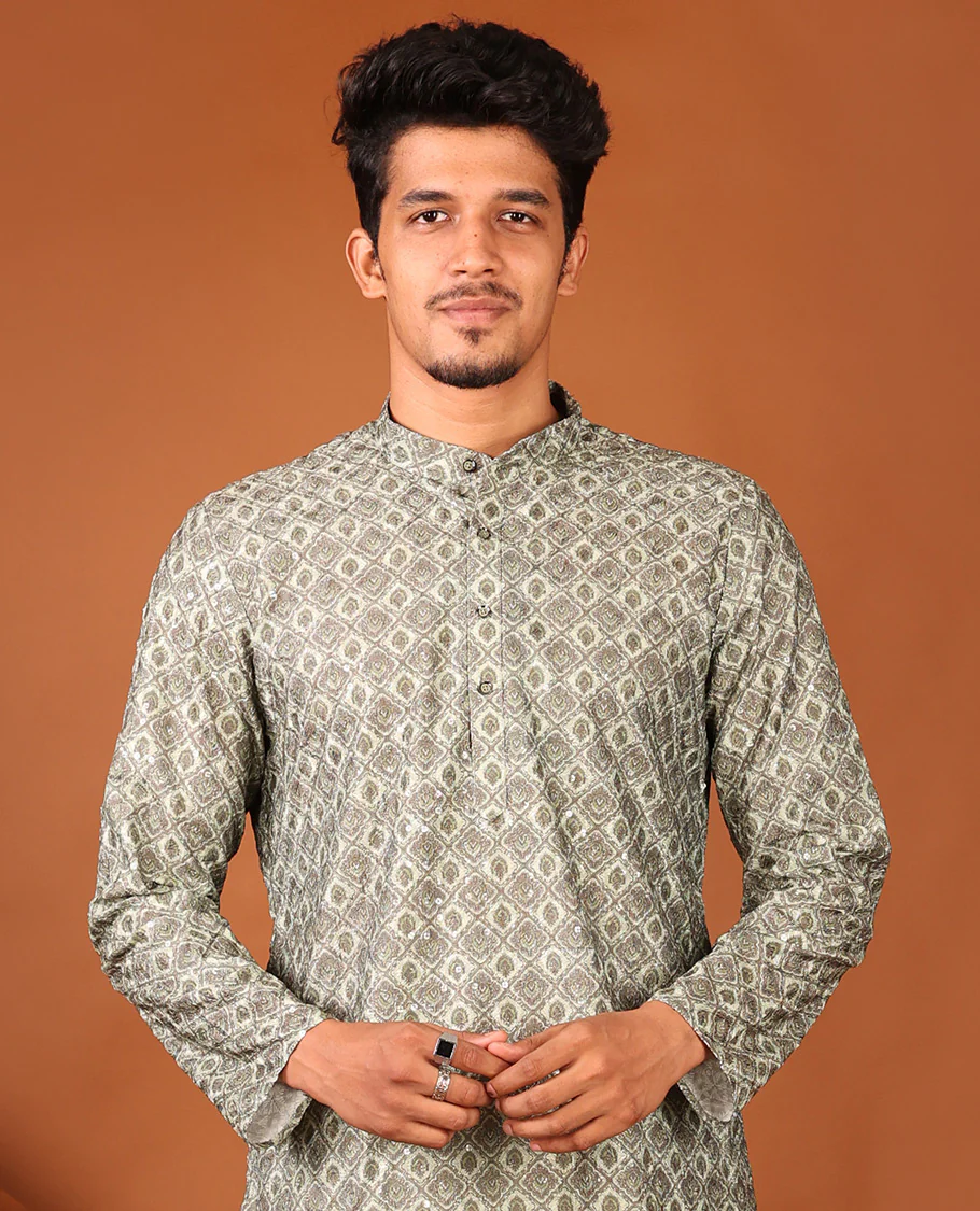 Green Geometric-style Jaal Design Full-Sleeved Men's Kurta - Image 6