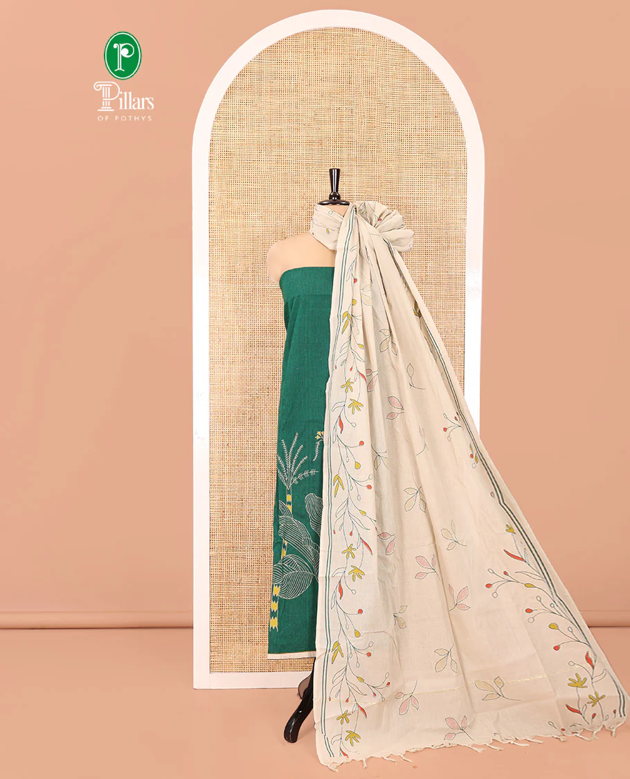 Green Handloom Cotton Material Chudidar Set, Elevated with Floral Design Print On Its Top, Complemented by Contrast Bottom, and Paired with a Contrast Floral Printed Dupatta