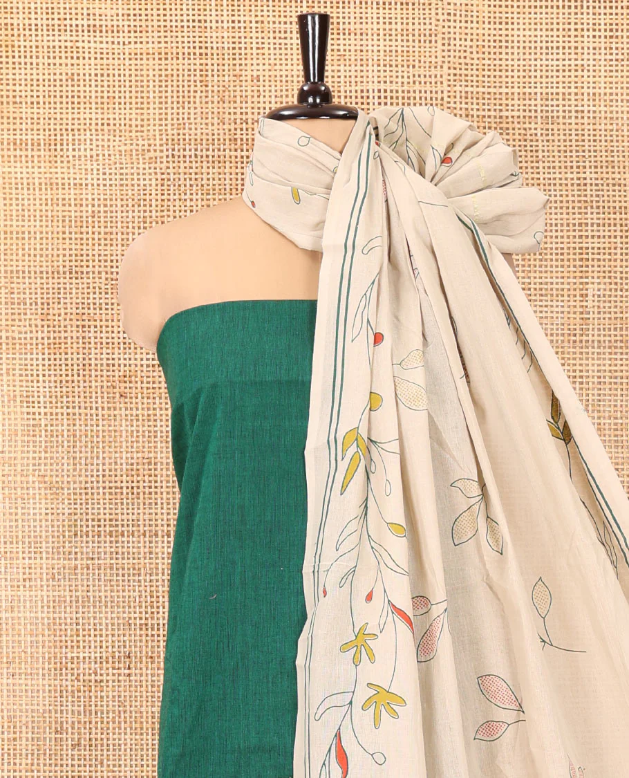 Green Handloom Cotton Material Chudidar Set, Elevated with Floral Design Print On Its Top, Complemented by Contrast Bottom, and Paired with a Contrast Floral Printed Dupatta - Image 3