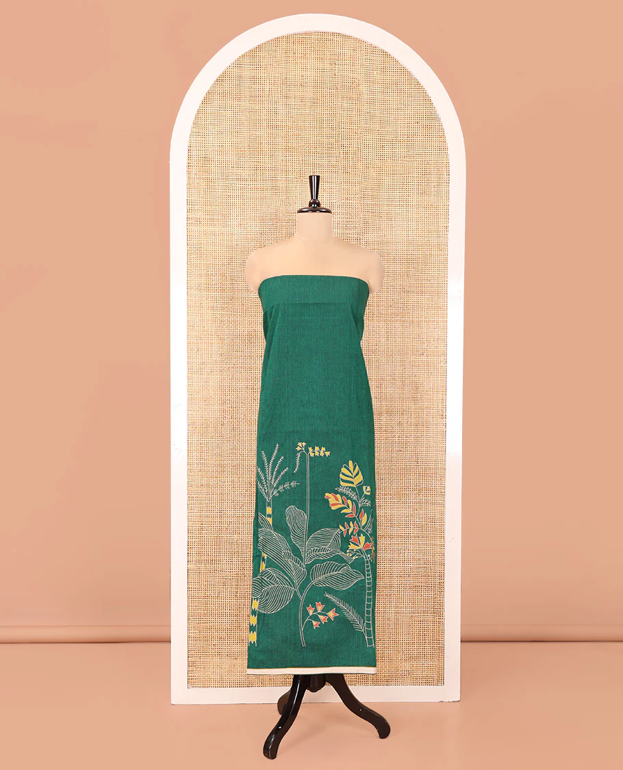 Green Handloom Cotton Material Chudidar Set, Elevated with Floral Design Print On Its Top, Complemented by Contrast Bottom, and Paired with a Contrast Floral Printed Dupatta - Image 4