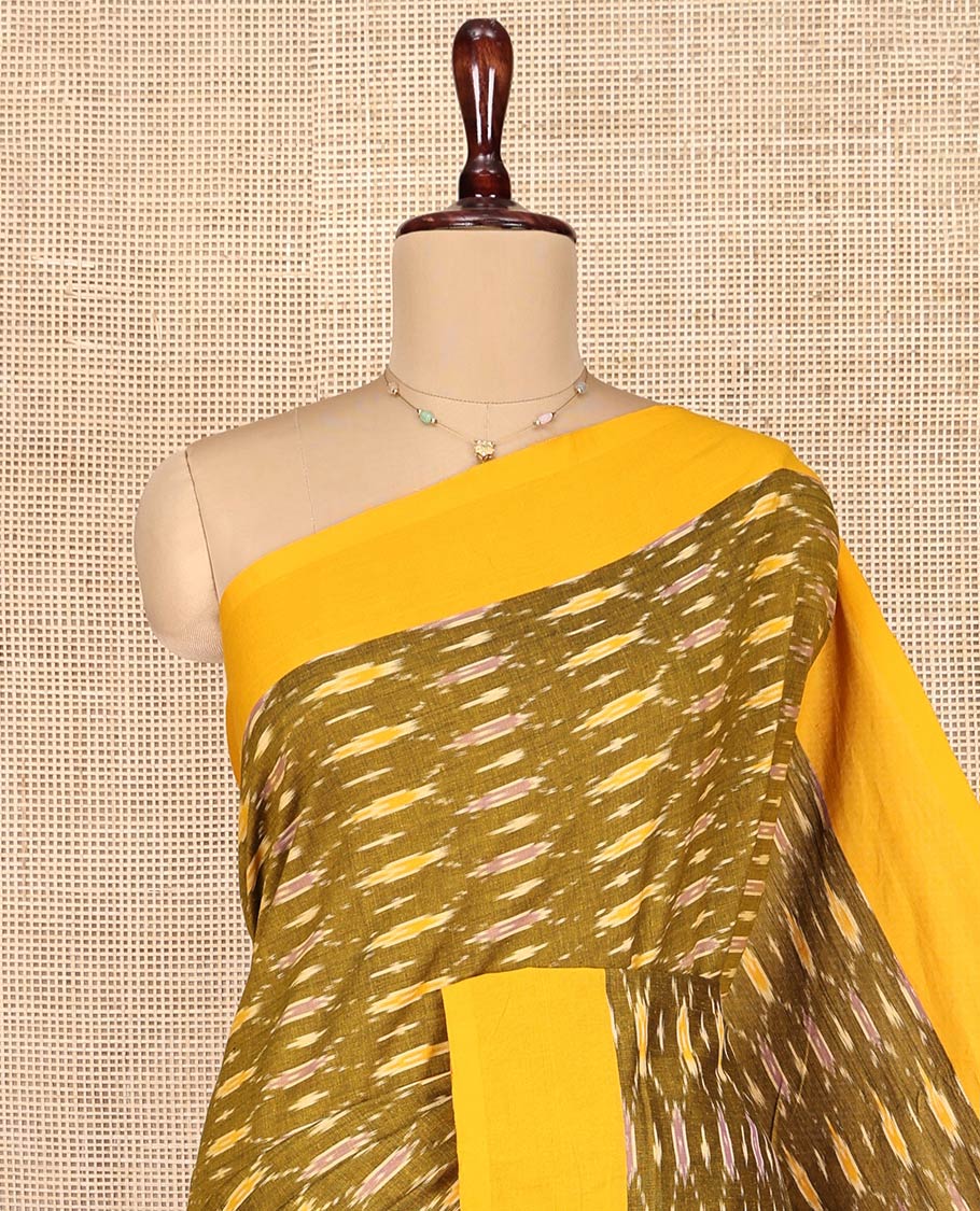 Green Ikkat Cotton Saree, Adorned with Ikkat-Style Ogee Patterns on Its Body, Complemented by Contrast Plain Border, Pallu of Ikkat Designs, and Has No Blouse - Image 2