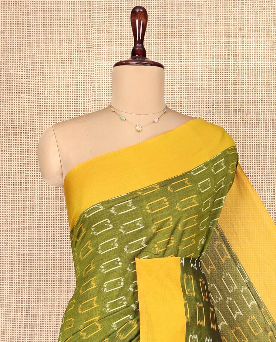 Green Ikkat Cotton Saree, Embellished with Ikkat-Style Buttas on Its Body, Complemented by Contrast Border, Pallu Steeped with Ikkat Buttas, and Has No Blouse - Image 2