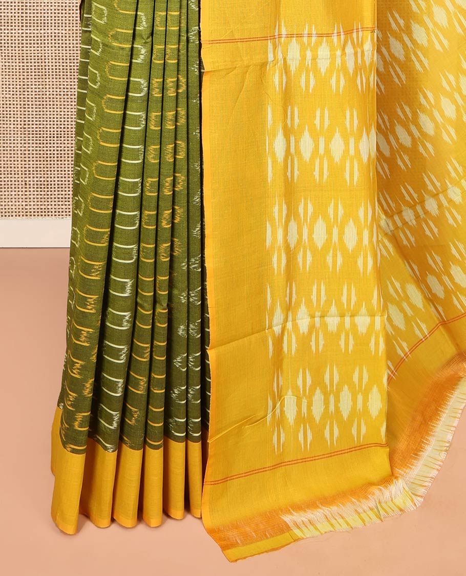 Green Ikkat Cotton Saree, Embellished with Ikkat-Style Buttas on Its Body, Complemented by Contrast Border, Pallu Steeped with Ikkat Buttas, and Has No Blouse - Image 3