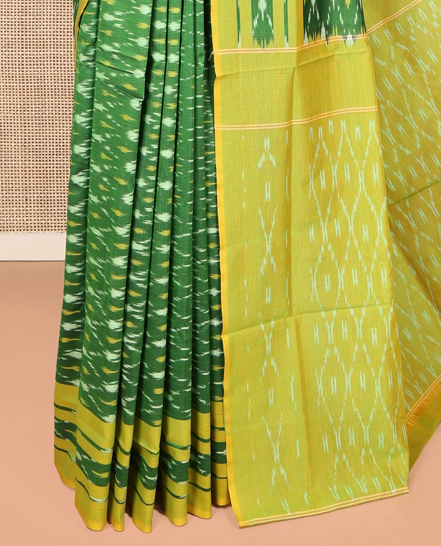 Green Ikkat Cotton Saree, Ornamented with Ikkat-Style Jaal-Patterns on Its Body, Complemented by Contrast Ikkat Border, Pallu of Jaal Designs, and Has No Blouse - Image 3