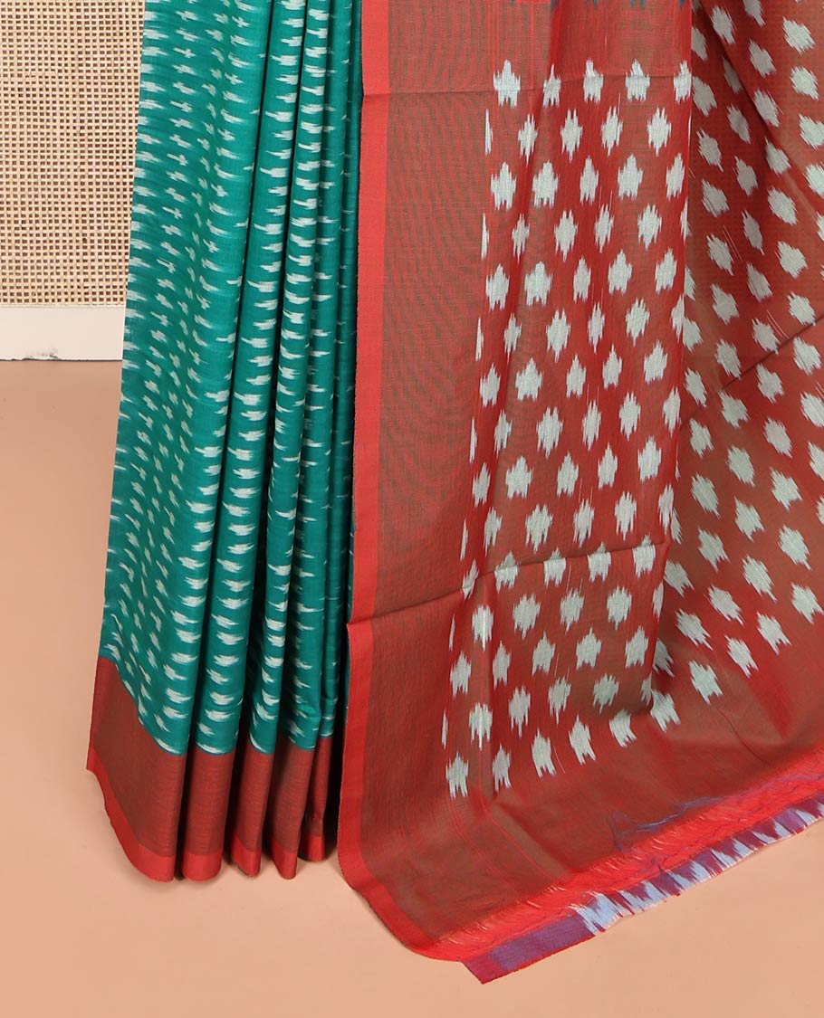 Green Ikkat Cotton Saree, Steeped with Ikkat-Style Buttas on Its Body, Complemented by a Contrast Border, Pallu Steeped with Ikkat-Style Buttas, and Has No Blouse - Image 3