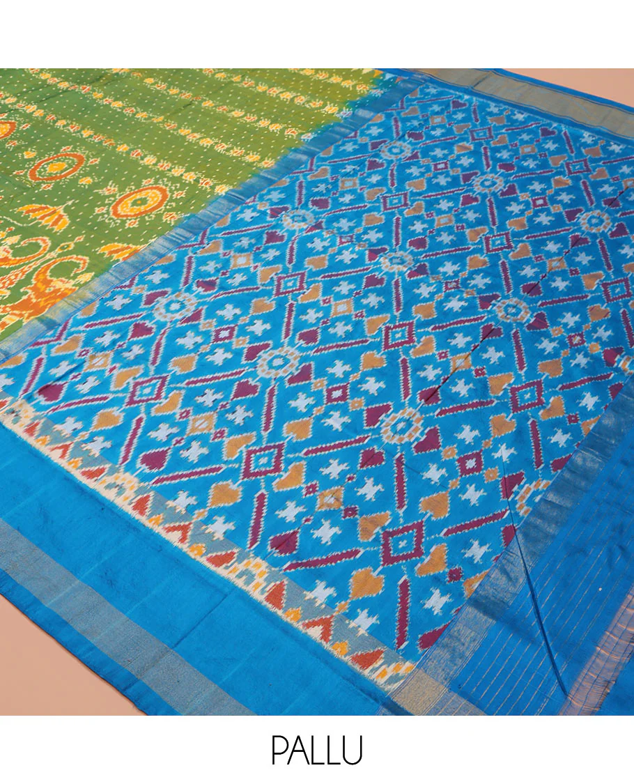 Green Ikkat Silk Saree, Enriched with Elephant Motifs Ikkat Weave All Over Its Body, Complemented by a Contrast Temple Border of Diamond Designs, Pallu of Ikkat Designs, and Paired with a Contrast Blouse - Image 5