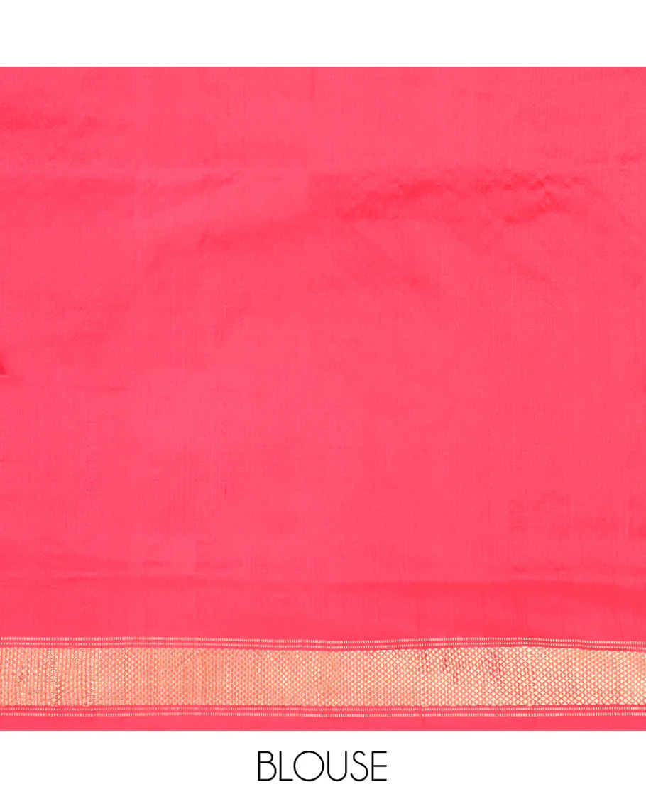 Green Ikkat Silk Saree, Enriched with Ikkat Floral Designs All Over Its Body, Complemented by a Contrast Temple Border of Diamond Zari Designs, Pallu of Floral Ikkat Designs, and Paired with a Contrast Blouse - Image 6