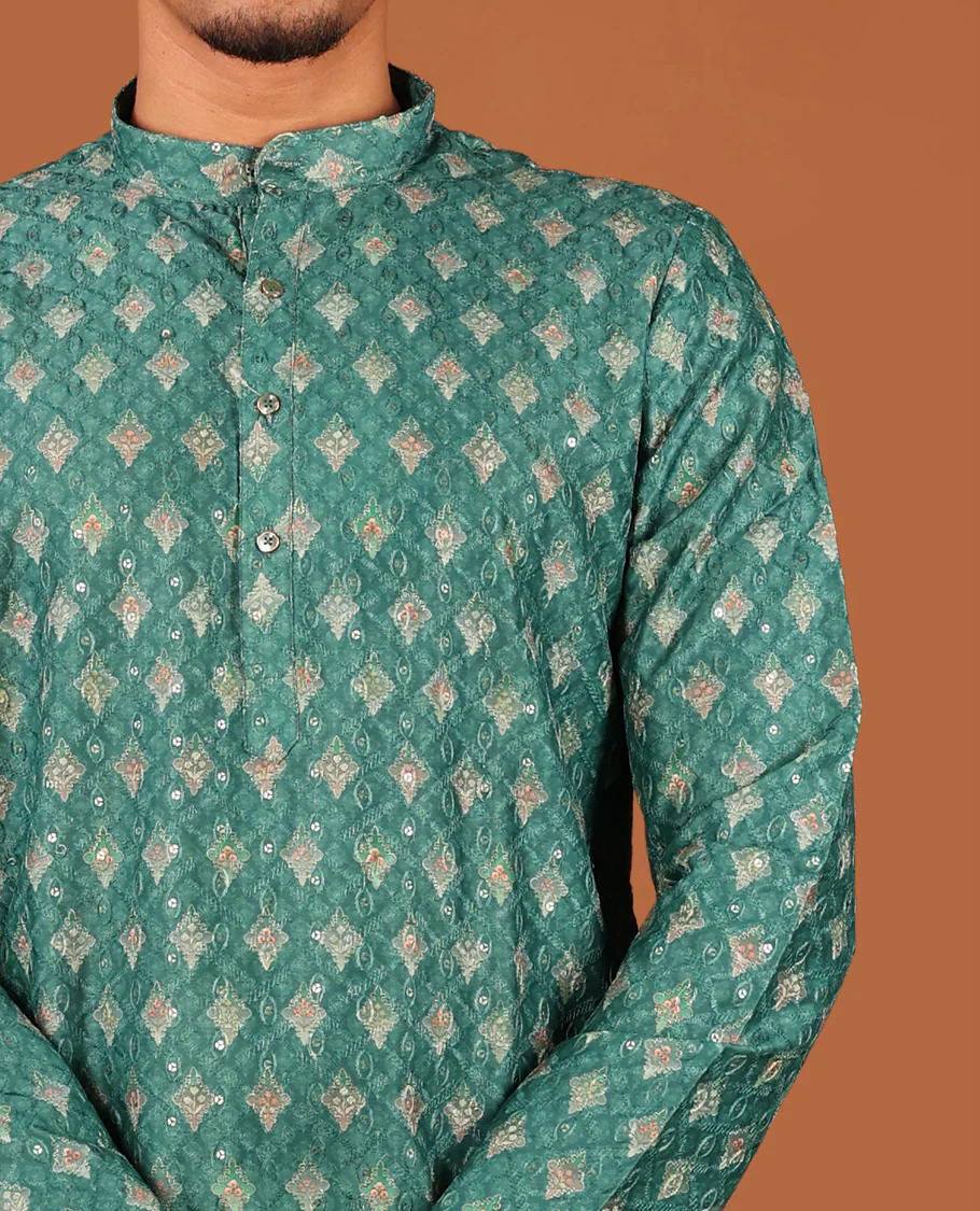Green Intricately Printed and Thread-Sequins Embroidered Full-Sleeved Men's Kurta - Image 2