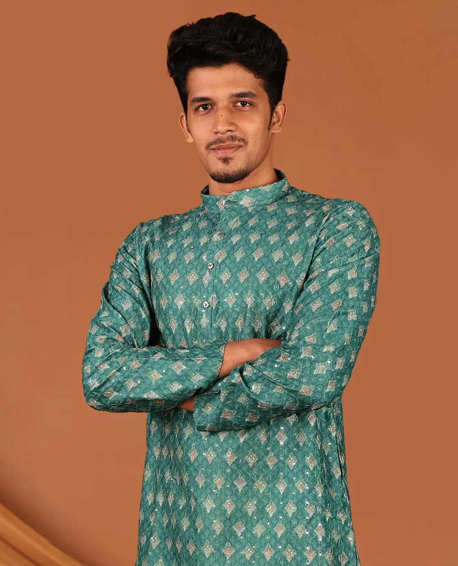 Green Intricately Printed and Thread-Sequins Embroidered Full-Sleeved Men's Kurta - Image 3