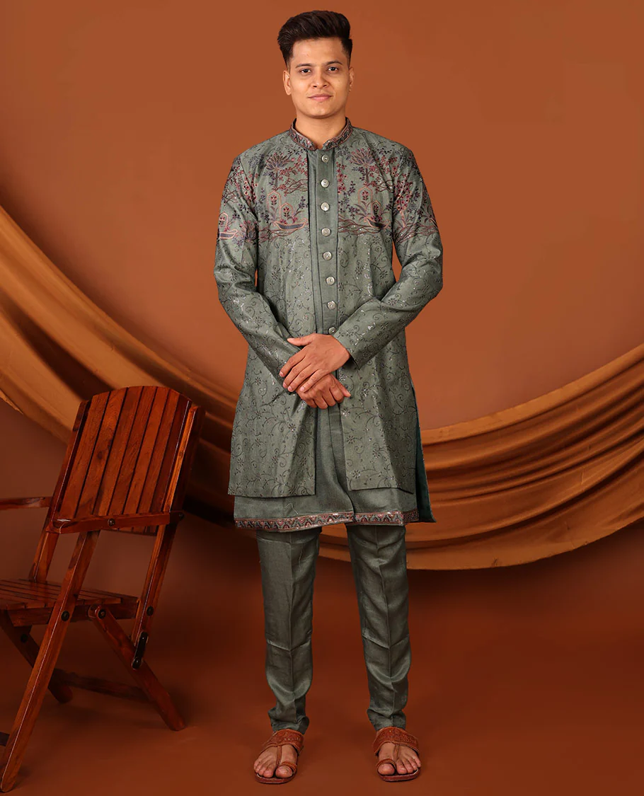 Green Intricately Threaded and Sequined Embroidered Full-Sleeved Men's Kurta Comes with Matching Pants