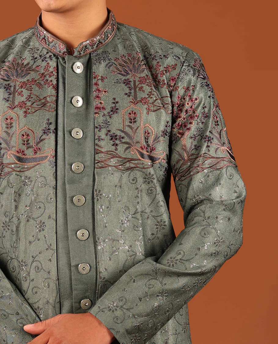 Green Intricately Threaded and Sequined Embroidered Full-Sleeved Men's Kurta Comes with Matching Pants - Image 2