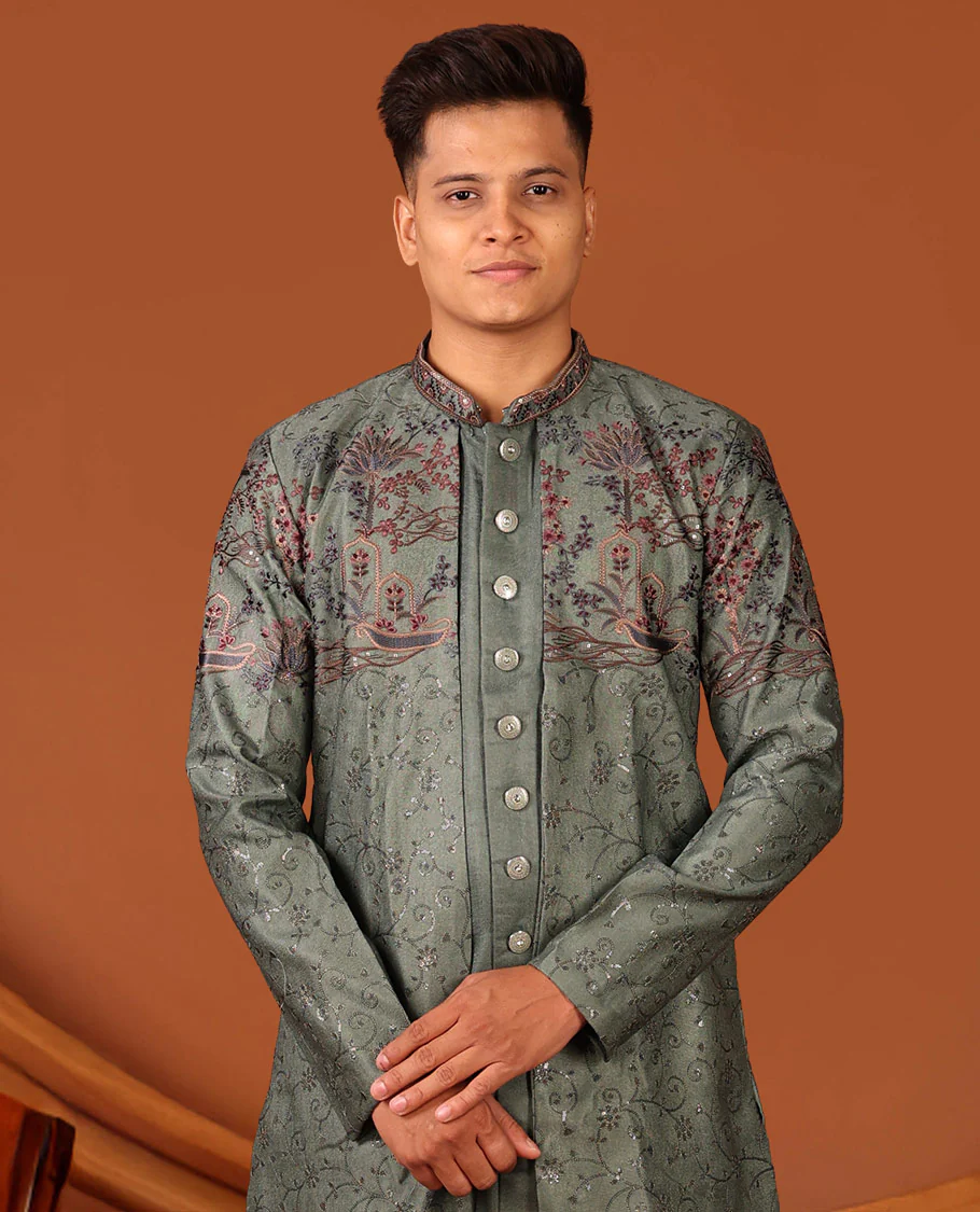 Green Intricately Threaded and Sequined Embroidered Full-Sleeved Men's Kurta Comes with Matching Pants - Image 3