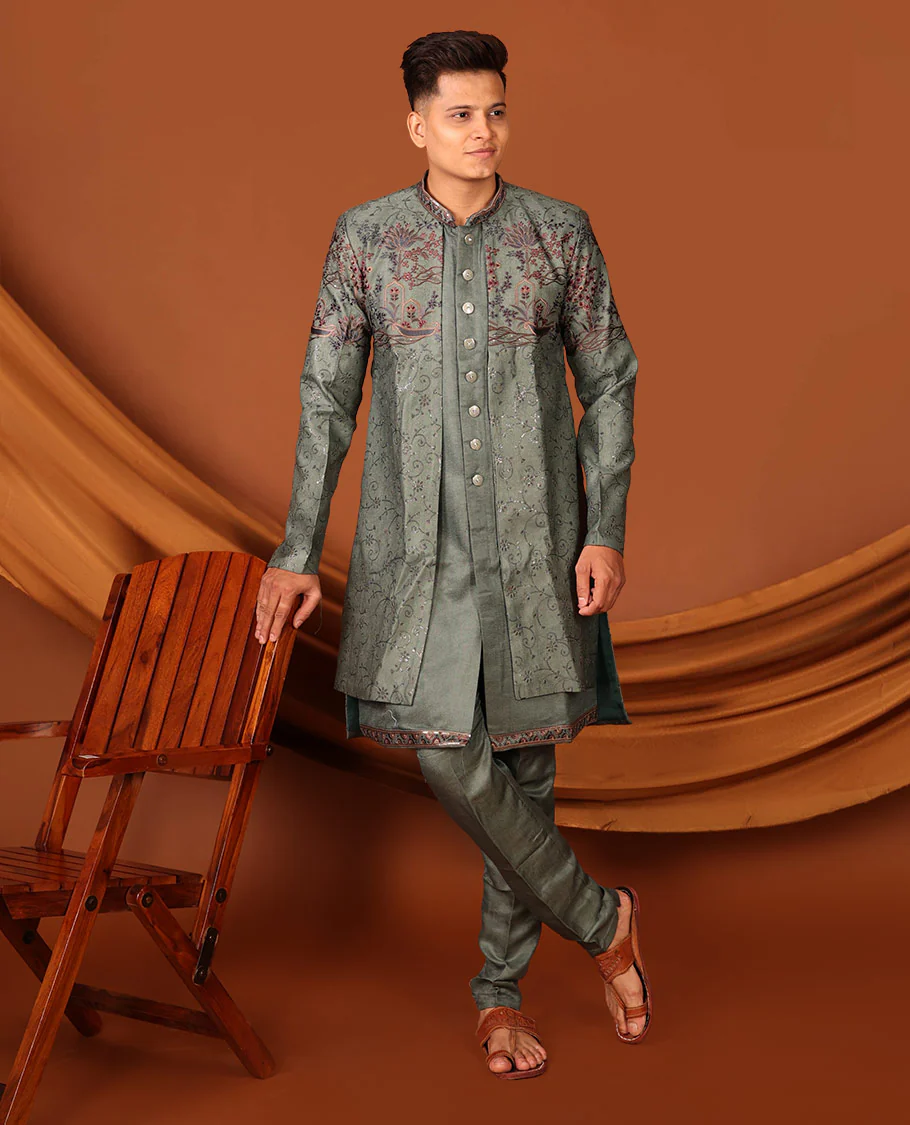 Green Intricately Threaded and Sequined Embroidered Full-Sleeved Men's Kurta Comes with Matching Pants - Image 4