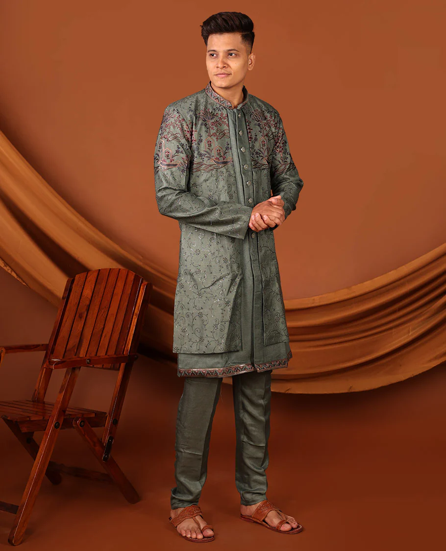 Green Intricately Threaded and Sequined Embroidered Full-Sleeved Men's Kurta Comes with Matching Pants - Image 5