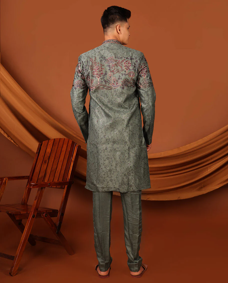 Green Intricately Threaded and Sequined Embroidered Full-Sleeved Men's Kurta Comes with Matching Pants - Image 6